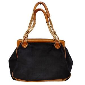 Dimoni Linen Purse Handbag Genuine Leather Trim Woven Strap Black Tan Womens OS